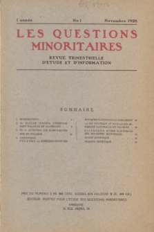 Les Questions Minoritaires : revue trimestrielle d'étude et d'information. An.1, No 1 (Novembre 1928)