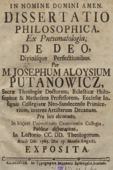 Dissertatio Philosophica. Ex Pneumatologia; De Deo, Divinisque Perfectionibus