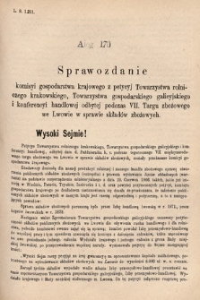 [Kadencja V, sesja III, al. 170] Alegata do Sprawozdań Stenograficznych z Trzeciej Sesyi Piątego Peryodu Sejmu Krajowego Królestwa Galicyi i Lodomeryi wraz z Wielkiem Księstwem Krakowskiem z roku 1885/6. Alegat 170