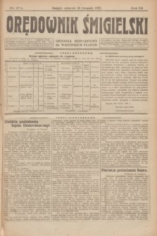 Orędownik Śmigielski : dziennik bezpartyjny dla wszystkich stanów. R.32, nr 274 (30 listopada 1922)
