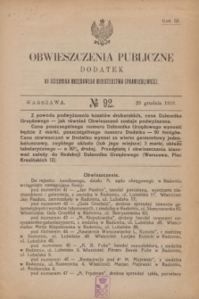 Obwieszczenia Publiczne : dodatek do Dziennika Urzędowego Ministerstwa Sprawiedliwości. R.3, № 92 (29 grudnia 1919)