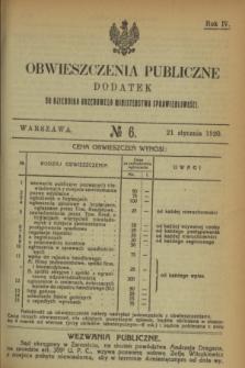 Obwieszczenia Publiczne : dodatek do Dziennika Urzędowego Ministerstwa Sprawiedliwości. R.4, № 6 (21 stycznia 1920)