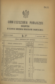 Obwieszczenia Publiczne : dodatek do Dziennika Urzędowego Ministerstwa Sprawiedliwości. R.4, № 2 A (7 stycznia 1920)