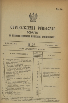 Obwieszczenia Publiczne : dodatek do Dziennika Urzędowego Ministerstwa Sprawiedliwości. R.4, № 5 A (17 stycznia 1920)