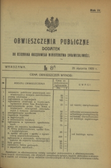 Obwieszczenia Publiczne : dodatek do Dziennika Urzędowego Ministerstwa Sprawiedliwości. R.4, № 8 A (28 stycznia 1920)