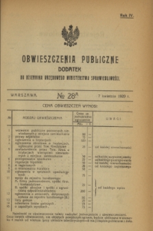 Obwieszczenia Publiczne : dodatek do Dziennika Urzędowego Ministerstwa Sprawiedliwości. R.4, № 28 A (7 kwietnia 1920)