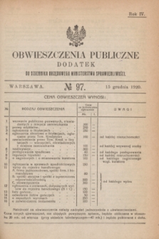 Obwieszczenia Publiczne : dodatek do Dziennika Urzędowego Ministerstwa Sprawiedliwości. R.4, № 97 (15 grudnia 1920)