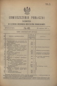 Obwieszczenia Publiczne : dodatek do Dziennika Urzędowego Ministerstwa Sprawiedliwości. R.5, № 48 (22 czerwca 1921)