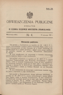 Obwieszczenia Publiczne : dodatek do Dziennika Urzędowego Ministerstwa Sprawiedliwości. R.15, № 4 (14 stycznia 1931)