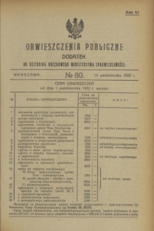 Obwieszczenia Publiczne : dodatek do Dziennika Urzędowego Ministerstwa Sprawiedliwości. R.6, № 80 (14 października 1922)