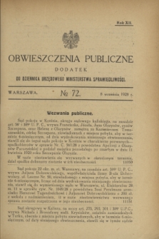 Obwieszczenia Publiczne : dodatek do Dziennika Urzędowego Ministerstwa Sprawiedliwości. R.12, № 72 (8 września 1928)