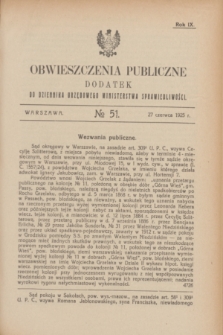 Obwieszczenia Publiczne : dodatek do Dziennika Urzędowego Ministerstwa Sprawiedliwości. R.9, № 51 (27 czerwca 1925)