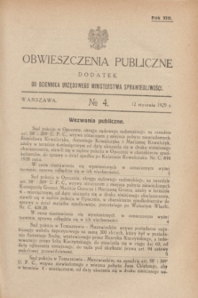 Obwieszczenia Publiczne : dodatek do Dziennika Urzędowego Ministerstwa Sprawiedliwości. R.13, № 4 (12 stycznia 1929)