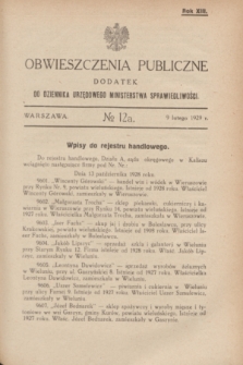 Obwieszczenia Publiczne : dodatek do Dziennika Urzędowego Ministerstwa Sprawiedliwości. R.13, № 12 A (9 lutego 1929)