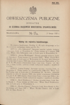 Obwieszczenia Publiczne : dodatek do Dziennika Urzędowego Ministerstwa Sprawiedliwości. R.13, № 17 A (27 lutego 1929)