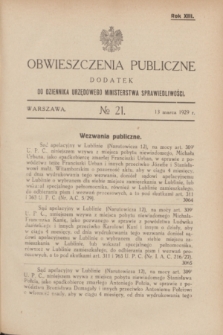 Obwieszczenia Publiczne : dodatek do Dziennika Urzędowego Ministerstwa Sprawiedliwości. R.13, № 21 (13 marca 1929)