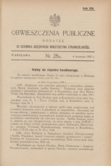 Obwieszczenia Publiczne : dodatek do Dziennika Urzędowego Ministerstwa Sprawiedliwości. R.13, № 28 A (6 kwietnia 1929)