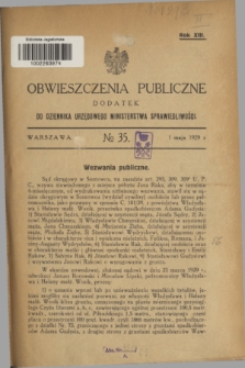 Obwieszczenia Publiczne : dodatek do Dziennika Urzędowego Ministerstwa Sprawiedliwości. R.13, № 35 (1 maja 1929)
