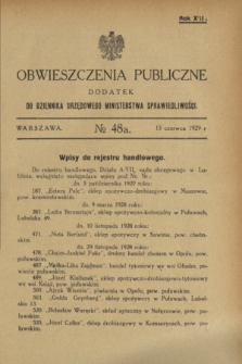 Obwieszczenia Publiczne : dodatek do Dziennika Urzędowego Ministerstwa Sprawiedliwości. R.13, № 48 A (15 czerwca 1929)