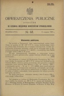 Obwieszczenia Publiczne : dodatek do Dziennika Urzędowego Ministerstwa Sprawiedliwości. R.13, № 68 (24 sierpnia 1929)