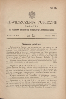 Obwieszczenia Publiczne : dodatek do Dziennika Urzędowego Ministerstwa Sprawiedliwości. R.13, № 72 (7 września 1929)