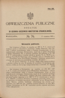 Obwieszczenia Publiczne : dodatek do Dziennika Urzędowego Ministerstwa Sprawiedliwości. R.13, № 76 (21 września 1929)