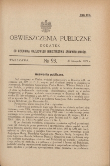 Obwieszczenia Publiczne : dodatek do Dziennika Urzędowego Ministerstwa Sprawiedliwości. R.13, № 93 (20 listopada 1929)