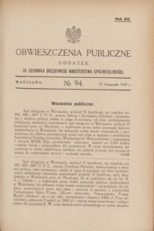 Obwieszczenia Publiczne : dodatek do Dziennika Urzędowego Ministerstwa Sprawiedliwości. R.13, № 94 (23 listopada 1929)