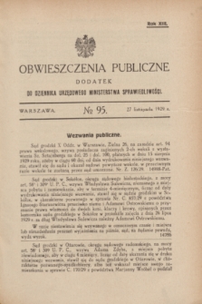 Obwieszczenia Publiczne : dodatek do Dziennika Urzędowego Ministerstwa Sprawiedliwości. R.13, № 95 (27 listopada 1929)