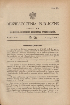 Obwieszczenia Publiczne : dodatek do Dziennika Urzędowego Ministerstwa Sprawiedliwości. R.13, № 96 (30 listopada 1929)