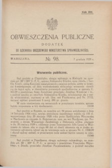 Obwieszczenia Publiczne : dodatek do Dziennika Urzędowego Ministerstwa Sprawiedliwości. R.13, № 98 (7 grudnia 1929)