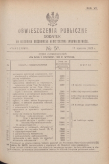 Obwieszczenia Publiczne : dodatek do Dziennika Urzędowego Ministerstwa Sprawiedliwości. R.7, № 5 A (17 stycznia 1923)