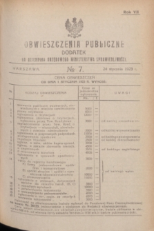 Obwieszczenia Publiczne : dodatek do Dziennika Urzędowego Ministerstwa Sprawiedliwości. R.7, № 7 (24 stycznia 1923)
