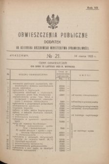 Obwieszczenia Publiczne : dodatek do Dziennika Urzędowego Ministerstwa Sprawiedliwości. R.7, № 21 (14 marca 1923)