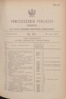Obwieszczenia Publiczne : dodatek do Dziennika Urzędowego Ministerstwa Sprawiedliwości. R.7, № 16 A (24 lutego 1923)