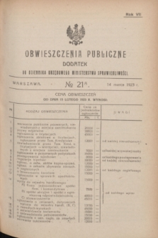 Obwieszczenia Publiczne : dodatek do Dziennika Urzędowego Ministerstwa Sprawiedliwości. R.7, № 21 A (14 marca 1923)