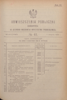 Obwieszczenia Publiczne : dodatek do Dziennika Urzędowego Ministerstwa Sprawiedliwości. R.7, № 61 (1 sierpnia 1923)