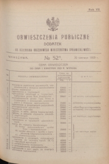 Obwieszczenia Publiczne : dodatek do Dziennika Urzędowego Ministerstwa Sprawiedliwości. R.7, № 52 A (30 czerwca 1923)