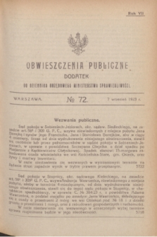 Obwieszczenia Publiczne : dodatek do Dziennika Urzędowego Ministerstwa Sprawiedliwości. R.7, № 72 (7 wrzesień 1923)