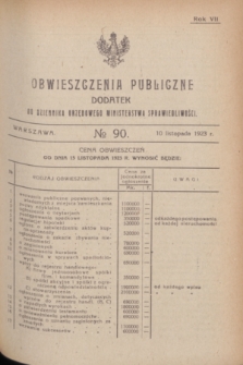Obwieszczenia Publiczne : dodatek do Dziennika Urzędowego Ministerstwa Sprawiedliwości. R.7, № 90 (10 listopada 1923)