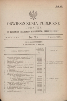 Obwieszczenia Publiczne : dodatek do Dziennika Urzędowego Ministerstwa Sprawiedliwości. R.7, № 98 (8 grudnia 1923)