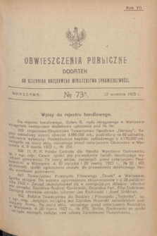 Obwieszczenia Publiczne : dodatek do Dziennika Urzędowego Ministerstwa Sprawiedliwości. R.7, № 73 A (12 września 1923)