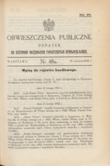 Obwieszczenia Publiczne : dodatek do Dziennika Urzędowego Ministerstwa Sprawiedliwości. R.16, № 48 A (15 czerwca 1932)