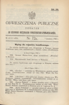Obwieszczenia Publiczne : dodatek do Dziennika Urzędowego Ministerstwa Sprawiedliwości. R.16, № 72 A (7 września 1932)