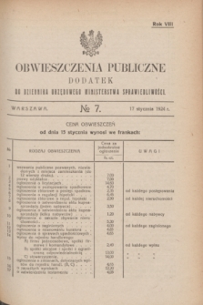 Obwieszczenia Publiczne : dodatek do Dziennika Urzędowego Ministerstwa Sprawiedliwości. R.8, № 7 (17 stycznia 1924)