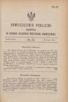 Obwieszczenia Publiczne : dodatek do Dziennika Urzędowego Ministerstwa Sprawiedliwości. R.8, № 23 (26 lutego 1924)