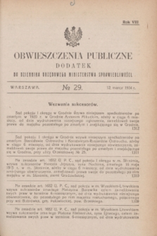 Obwieszczenia Publiczne : dodatek do Dziennika Urzędowego Ministerstwa Sprawiedliwości. R.8, № 29 (12 marca 1924)