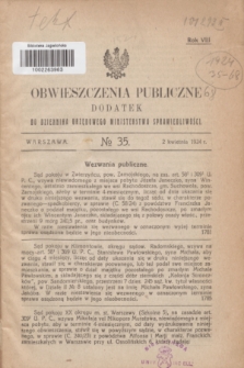 Obwieszczenia Publiczne : dodatek do Dziennika Urzędowego Ministerstwa Sprawiedliwości. R.8, № 35 (2 kwietnia 1924)