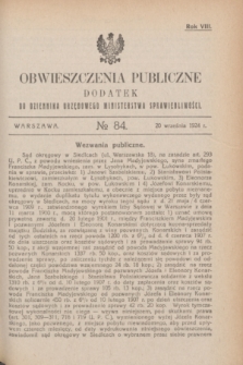 Obwieszczenia Publiczne : dodatek do Dziennika Urzędowego Ministerstwa Sprawiedliwości. R.8, № 84 (20 września 1924)