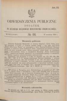 Obwieszczenia Publiczne : dodatek do Dziennika Urzędowego Ministerstwa Sprawiedliwości. R.8, № 86 (27 września 1924)
